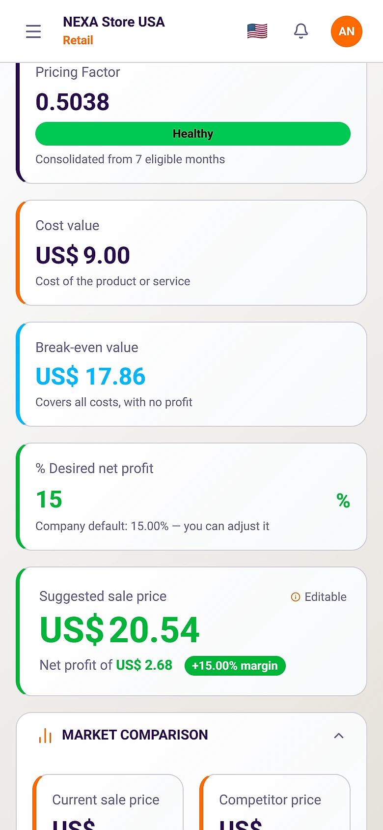Markupfy Price Simulator on a phone, with the suggested price calculated
