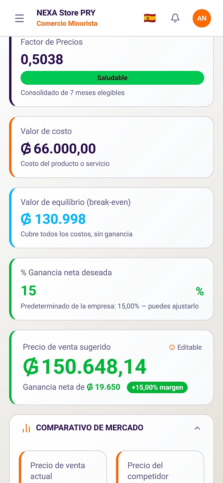 Simulador de Precio de Markupfy en el móvil, con el precio sugerido calculado