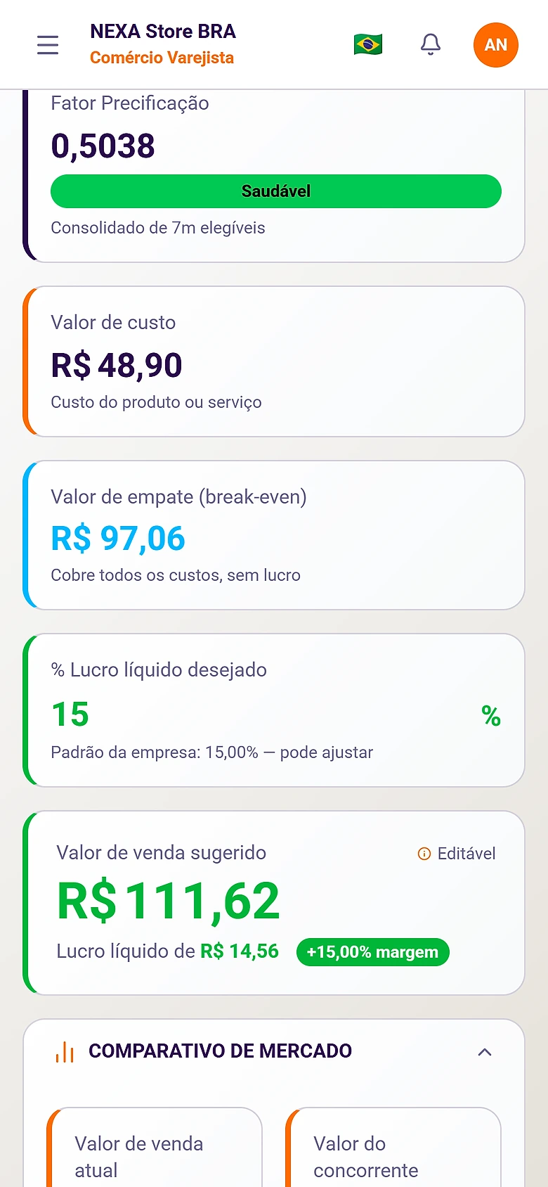 Simulador de Preço do Markupfy no celular, com o preço sugerido calculado
