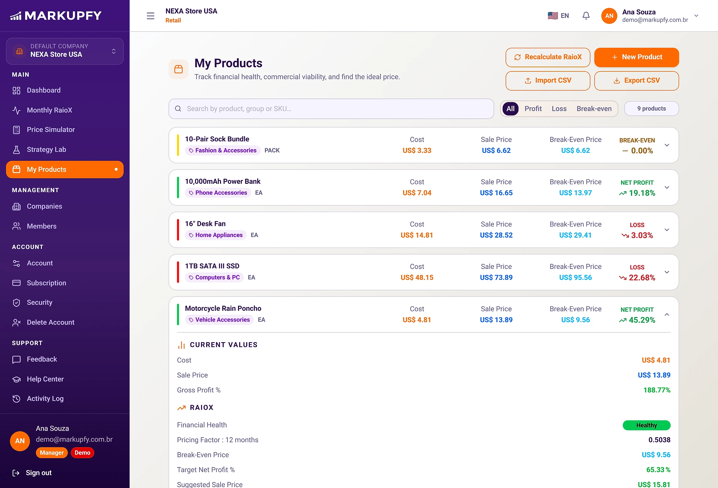 A product opened in My Products, showing current values, break-even price, suggested price and profit per unit