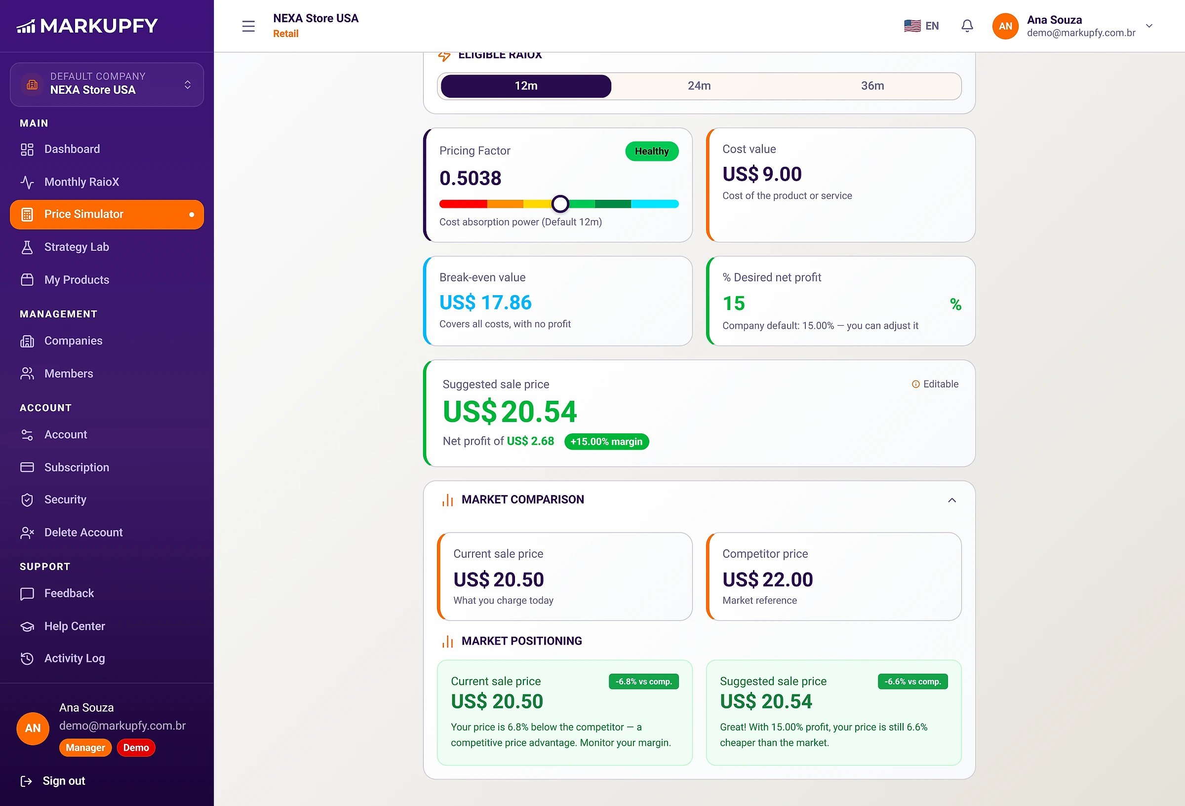 Price Simulator with the sale price at the desired margin and still below the competitor's price